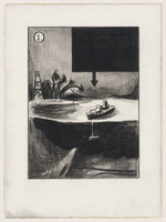 KT 2001 003-38
<br/>
Schip in een baai met wachttoren (?)
<br/>
<em>Eeden, Marcel van (1965)</em>